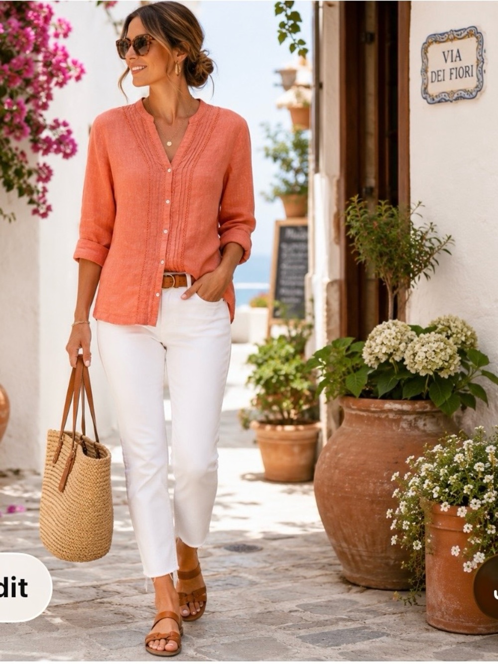 🧡 Lands’ End 100% Linen Coral Salmon Pintuck Blouse XL 18 Relaxed Coastal Chic
